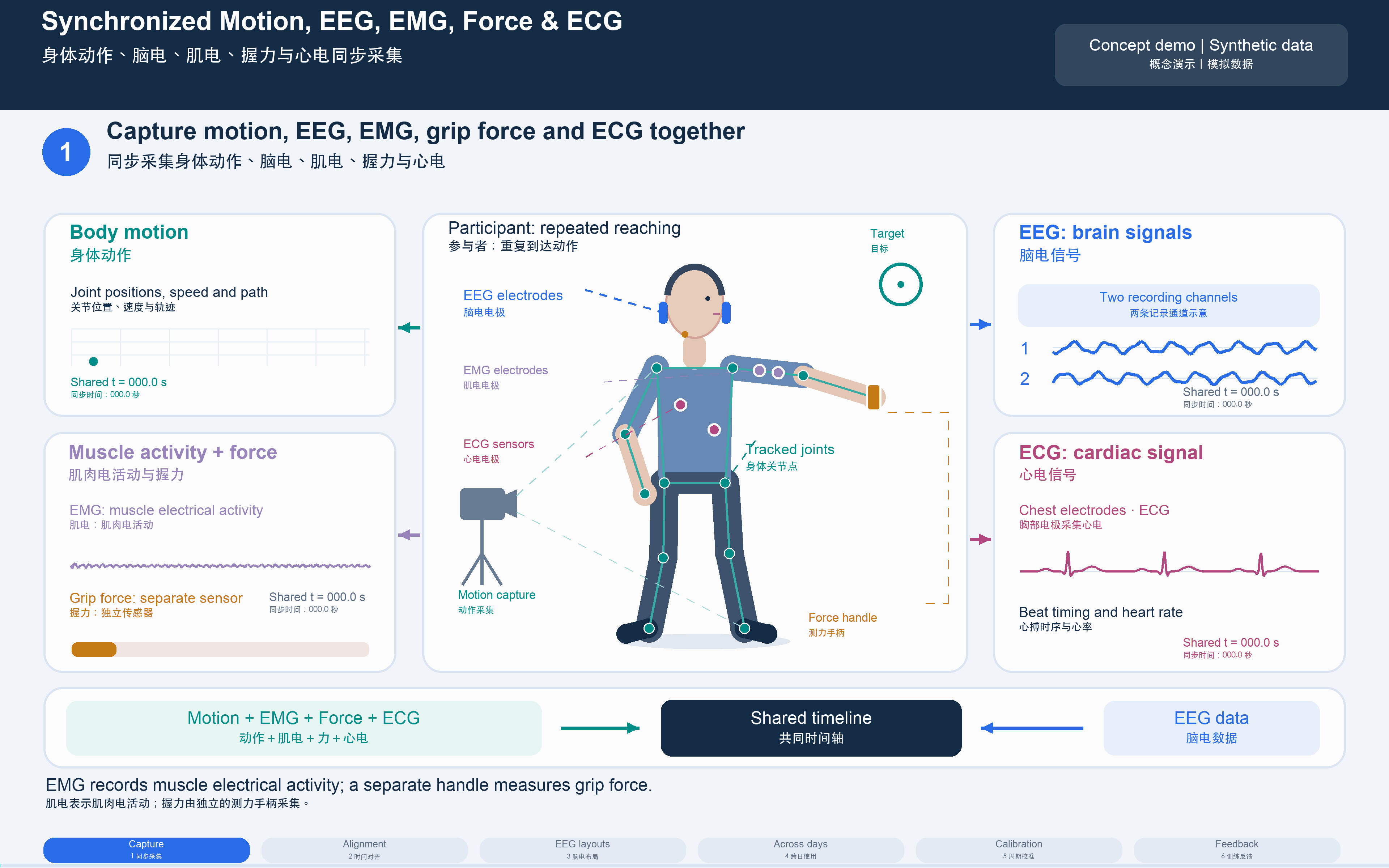 Synthetic concept animation showing synchronized motion tracking, EEG, EMG, force and ECG measurements, followed by sparse electrode-layout comparisons, evaluation across training days, calibration, and training-feedback comparisons.